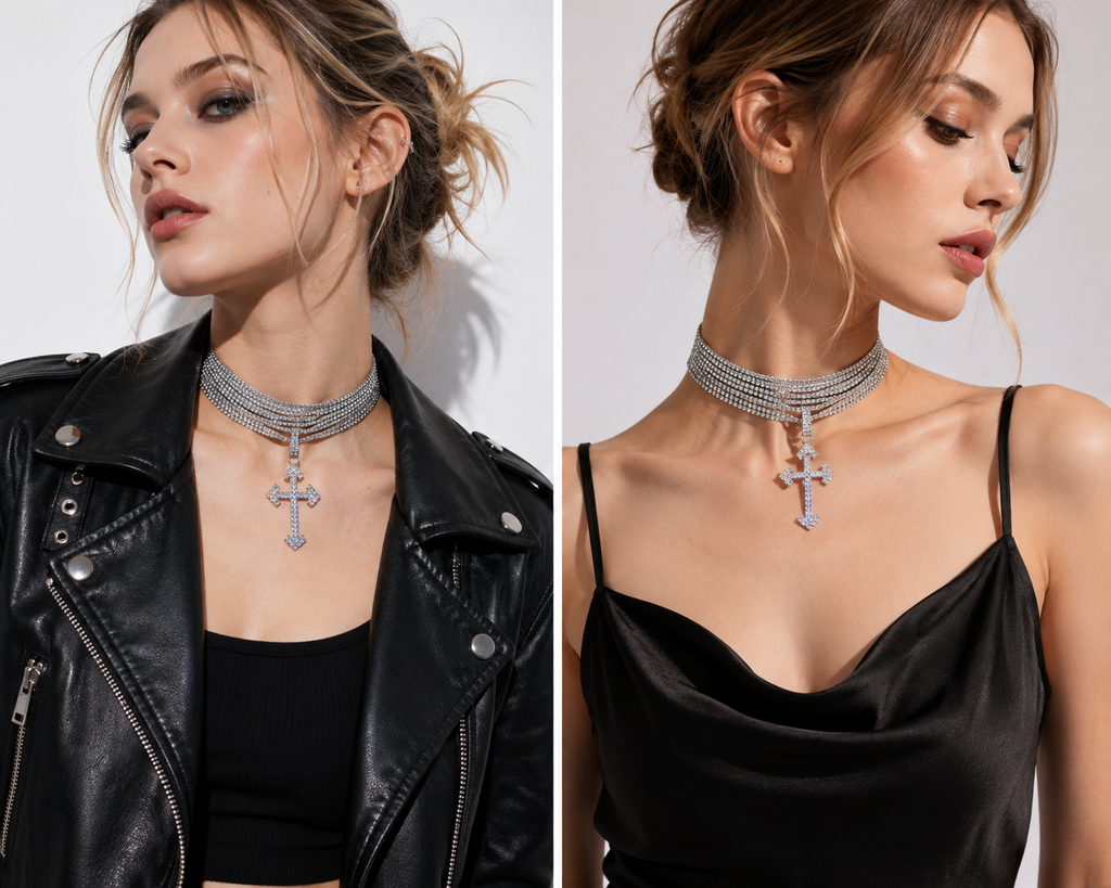 Sparkling Multi-Layer Crystal Choker with Cross Pendant – Silver