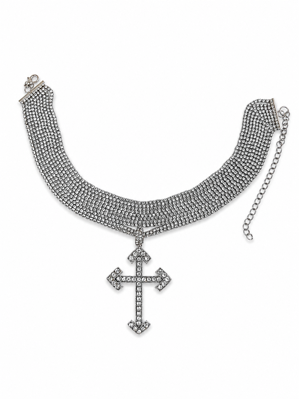Sparkling Multi-Layer Crystal Choker with Cross Pendant – Silver