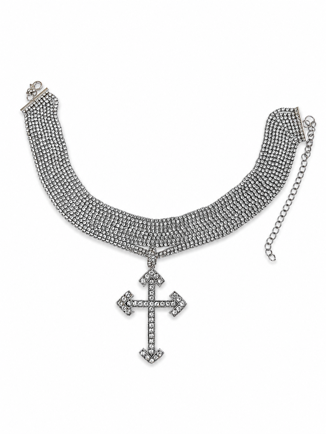 Sparkling Multi-Layer Crystal Choker with Cross Pendant – Silver