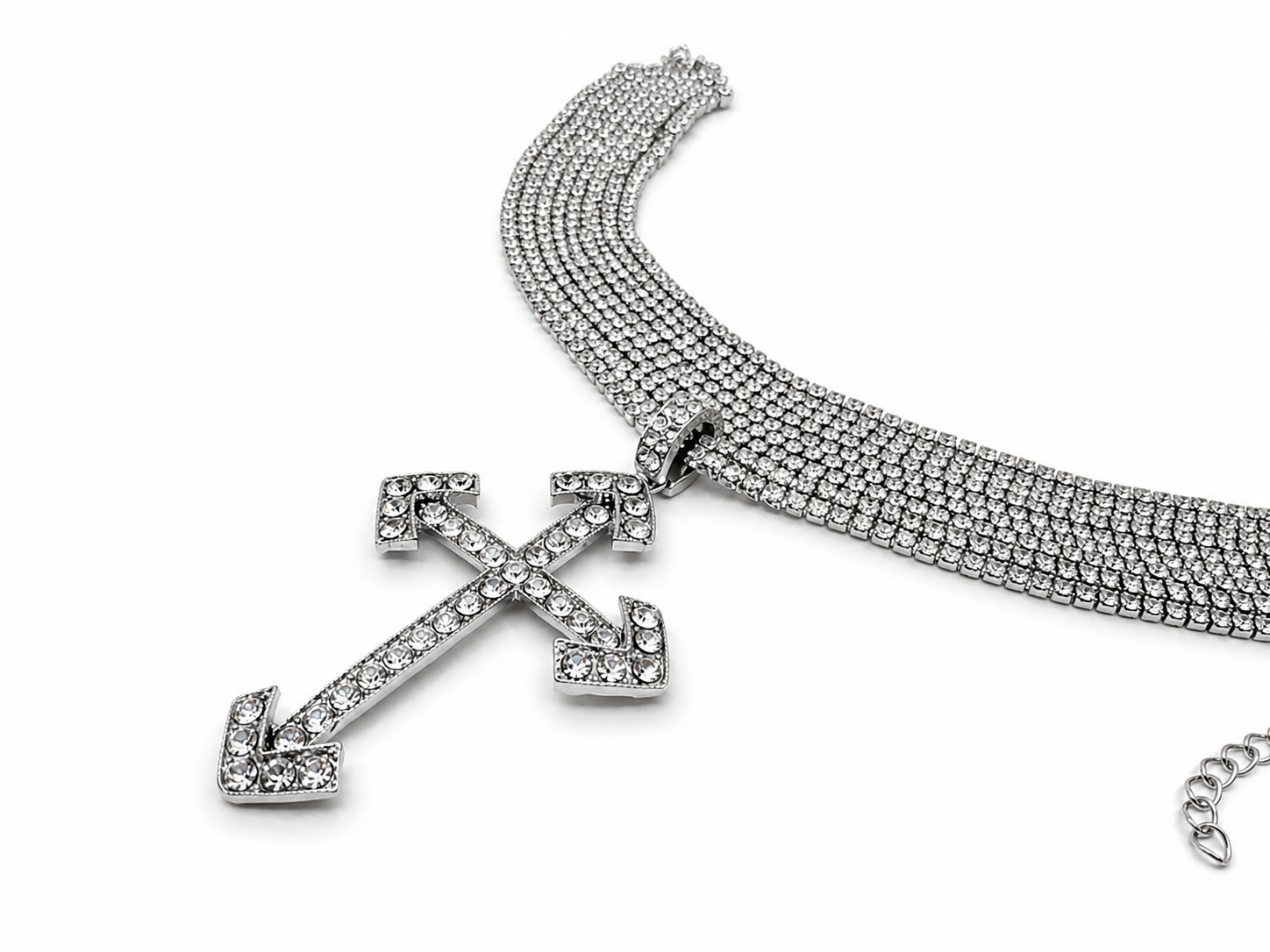 Sparkling Multi-Layer Crystal Choker with Cross Pendant – Silver
