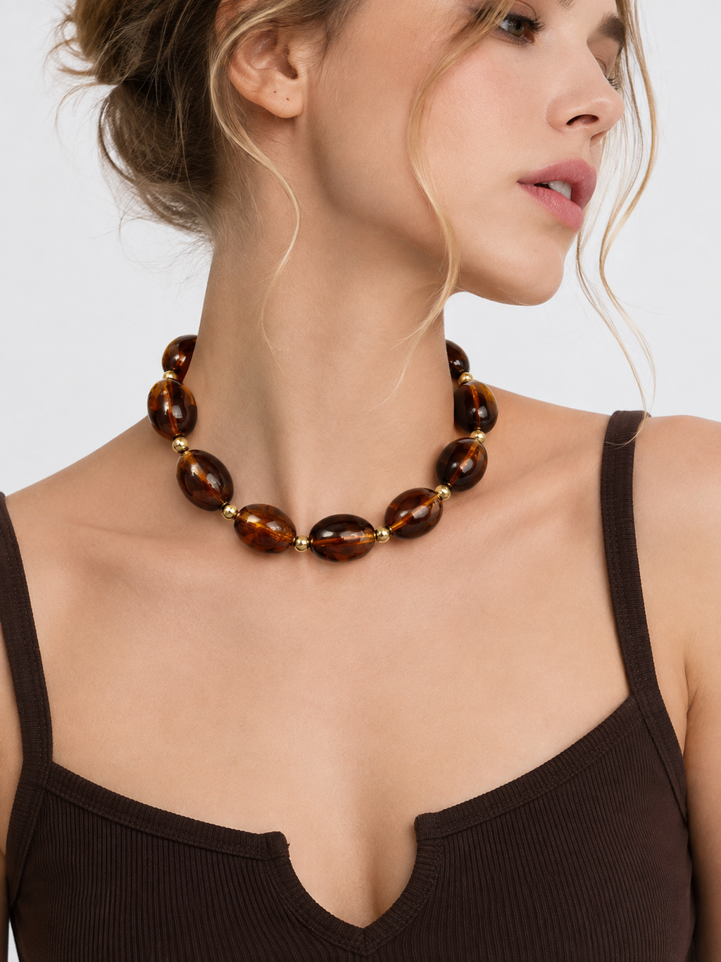 Vintage Style Brown Acrylic Bead Necklace with Gold Spacers