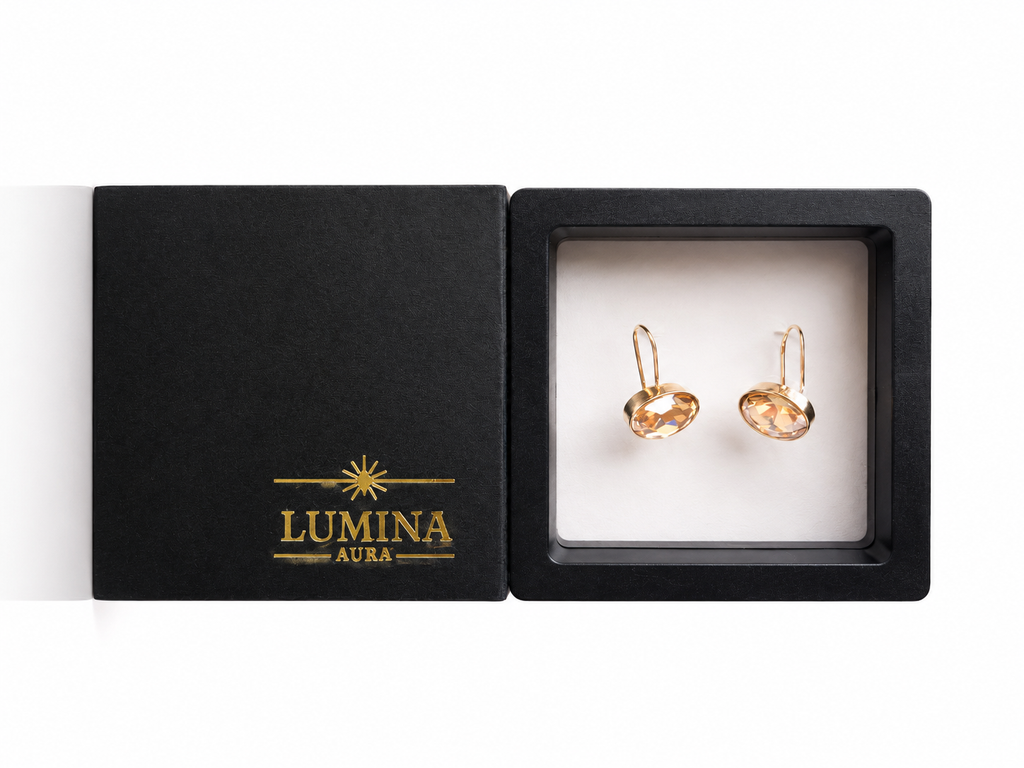 Champagne Oval Crystal Drop Earrings – Gold Tone