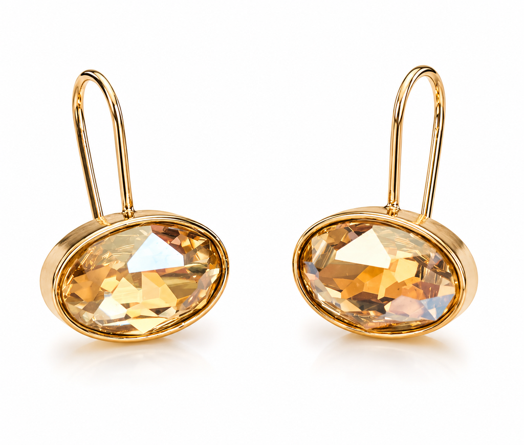 Champagne Oval Crystal Drop Earrings – Gold Tone