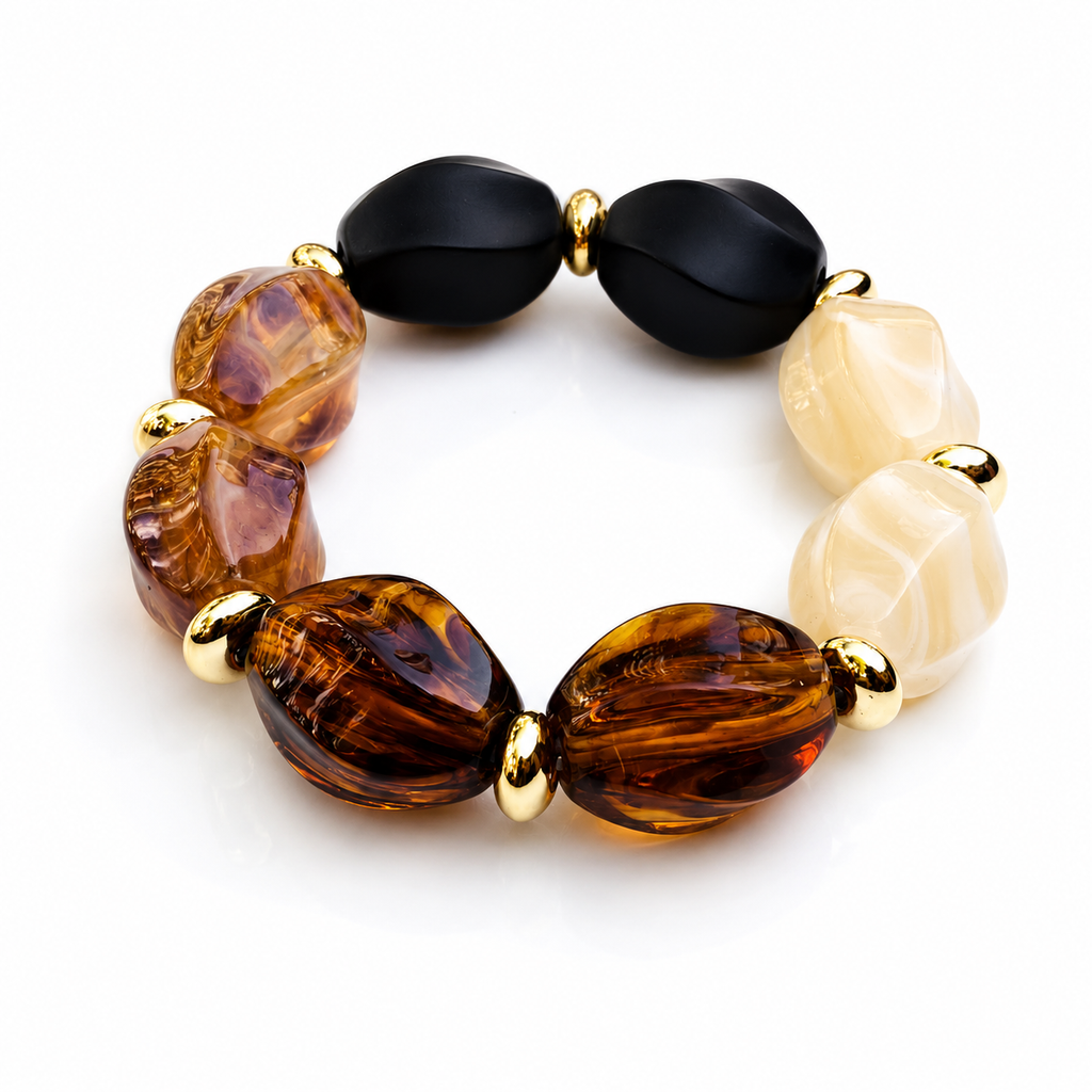 Amber Brown Beaded Bracelet – Gold Accents