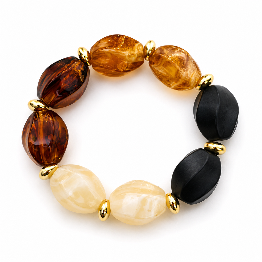 Amber Brown Beaded Bracelet – Gold Accents