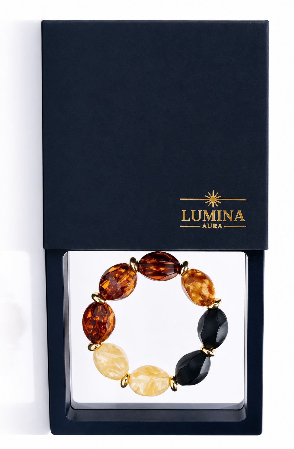 Amber Brown Beaded Bracelet – Gold Accents