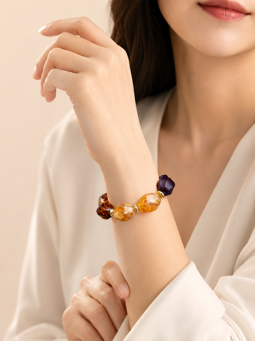 Amber Brown Beaded Bracelet – Gold Accents
