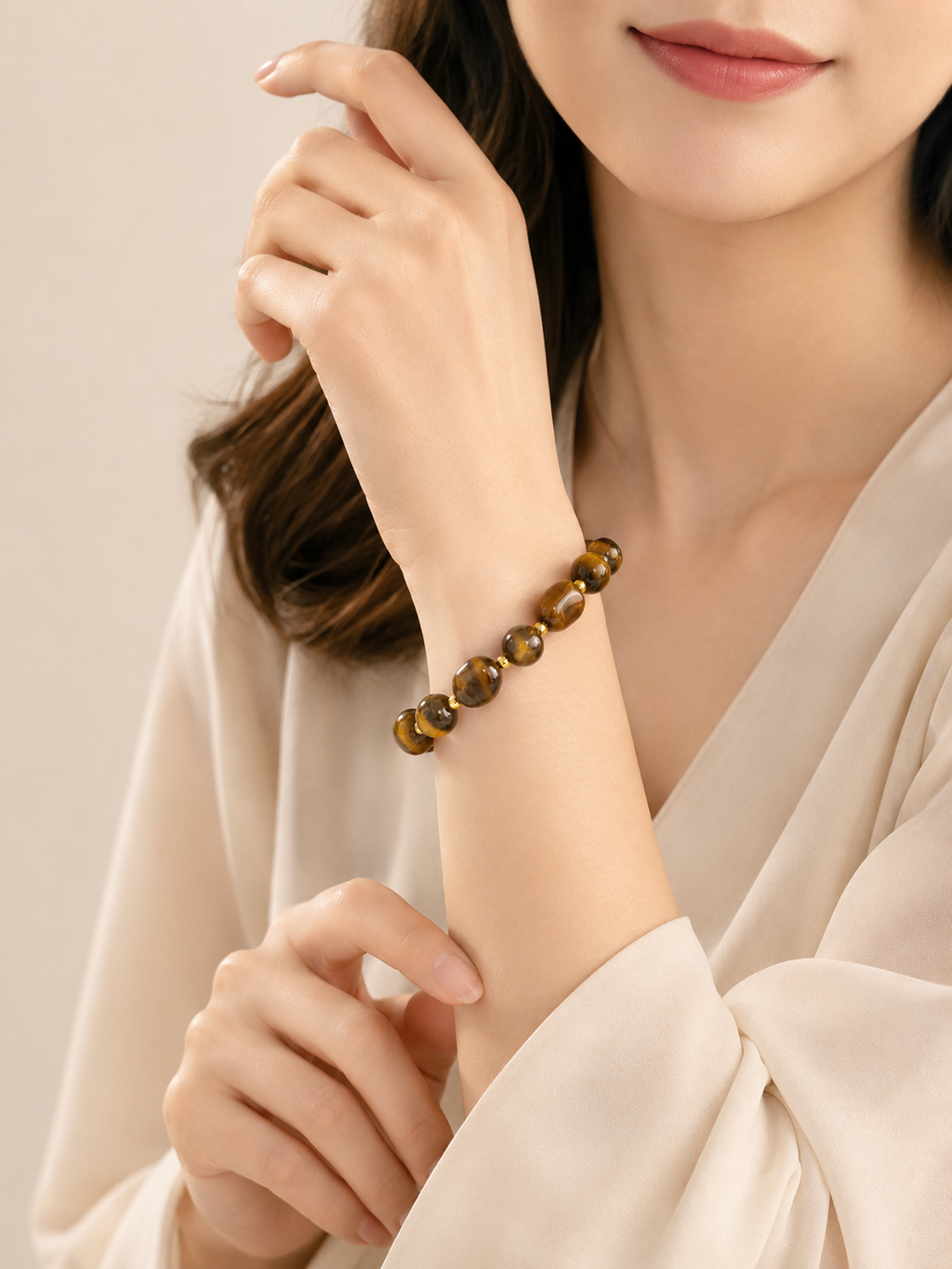 Natural Tiger’s Eye Beaded Bracelet – Gold Accents