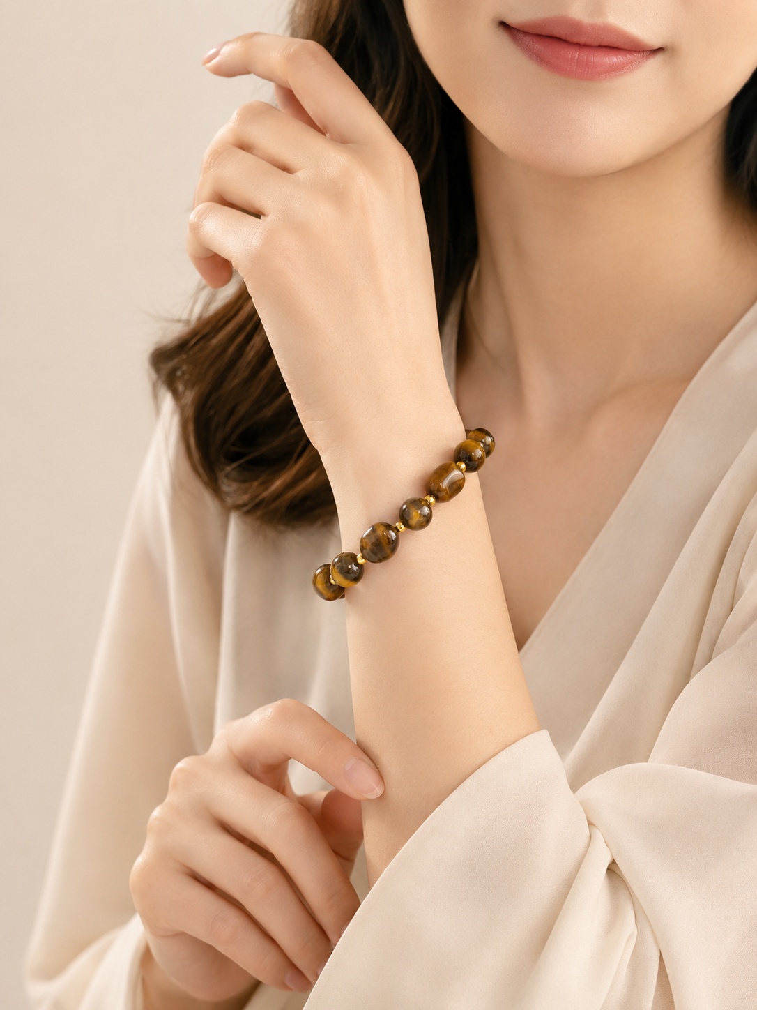 Natural Tiger’s Eye Beaded Bracelet – Gold Accents