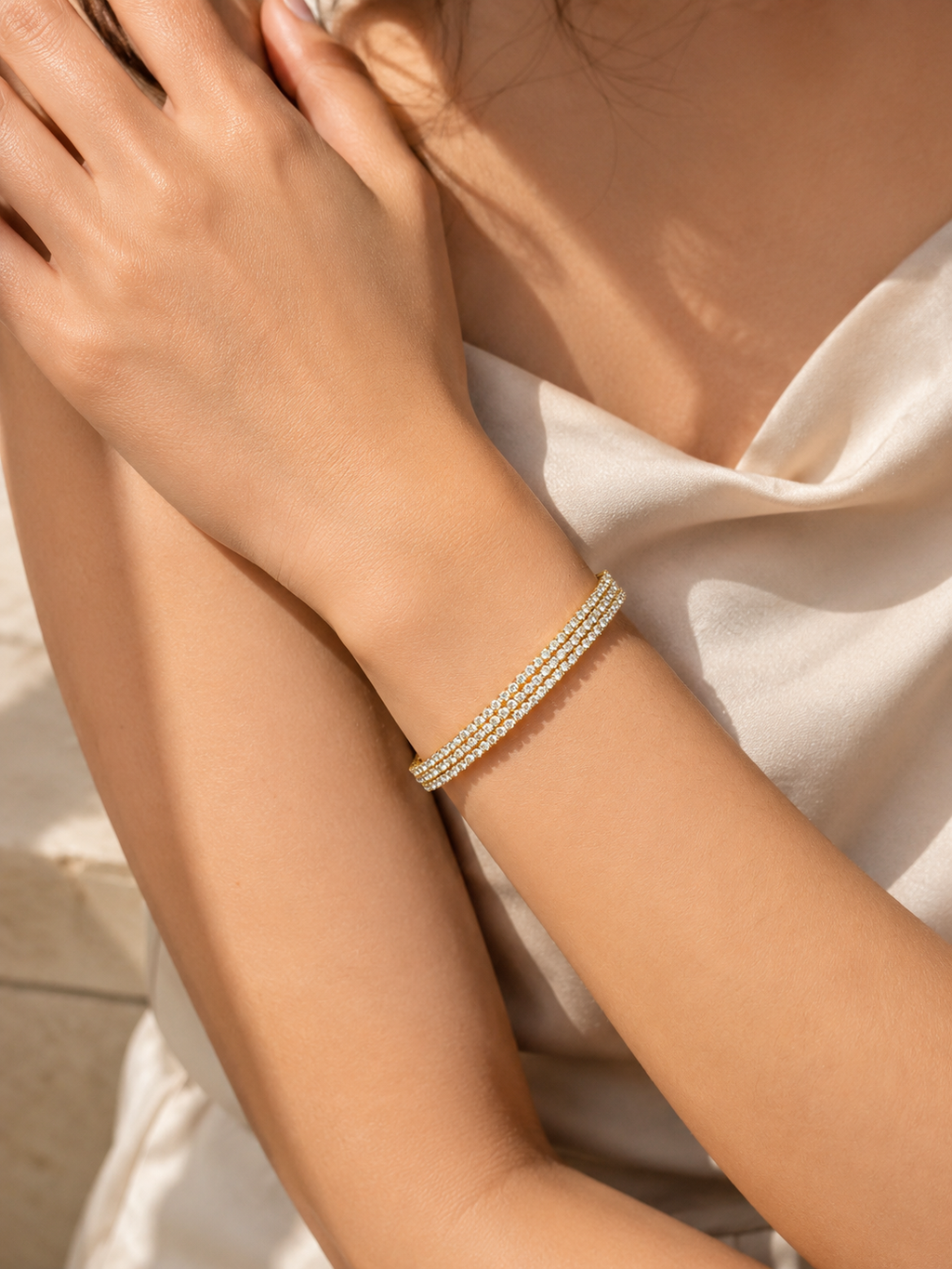 Gold Multi-Row Crystal Tennis Bangle Bracelet