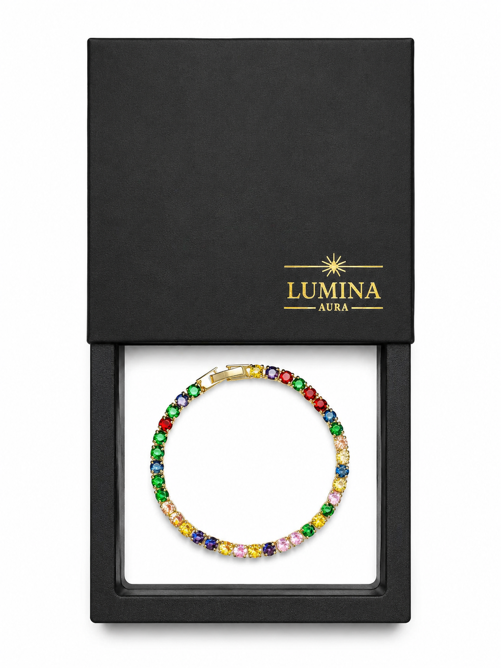 Gold Rainbow Crystal Tennis Bracelet – Multiple Sizes