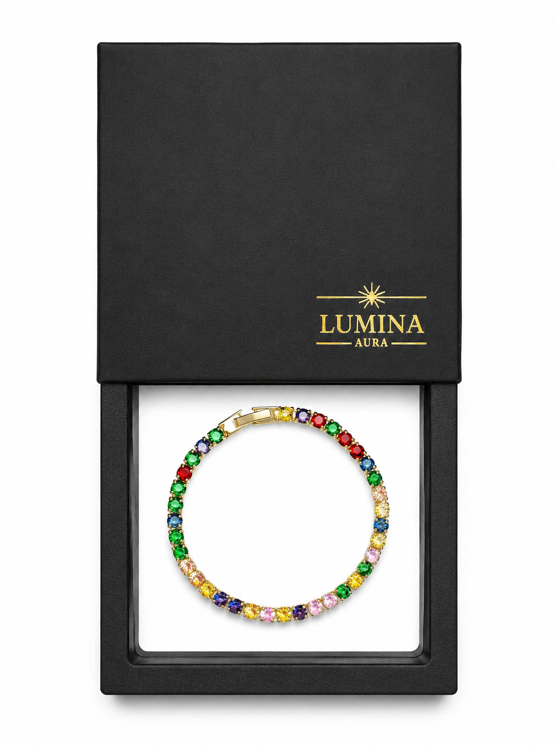 Gold Rainbow Crystal Tennis Bracelet – Multiple Sizes