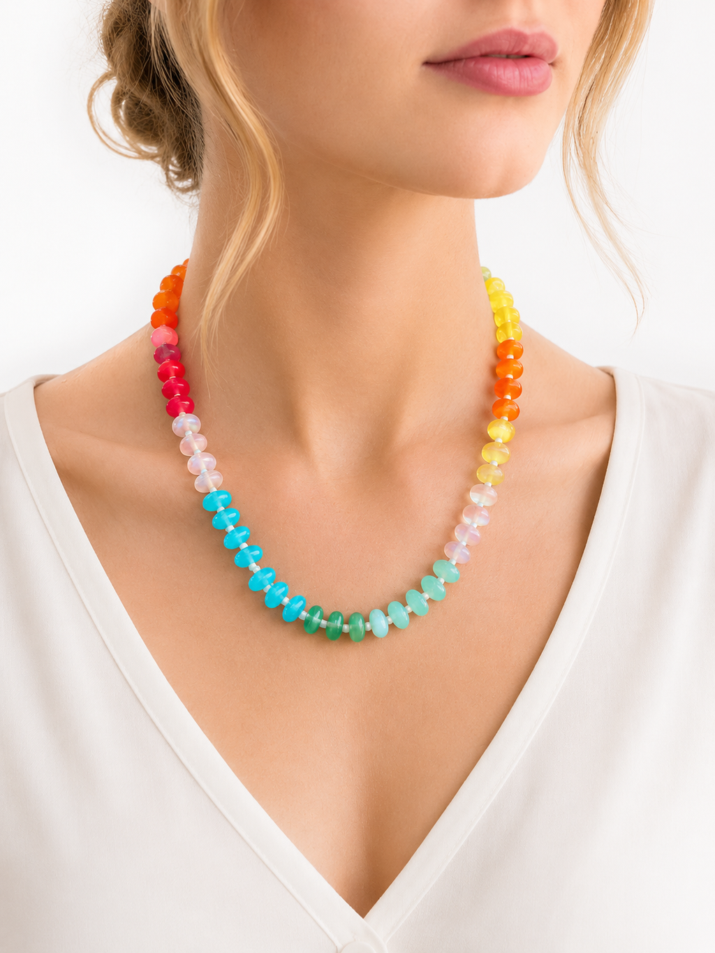 Rainbow Beaded Necklace – 45cm Colorful Rondelle Beads