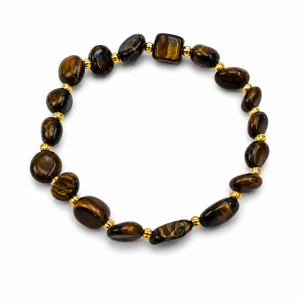 Natural Tiger’s Eye Beaded Bracelet – Gold Accents