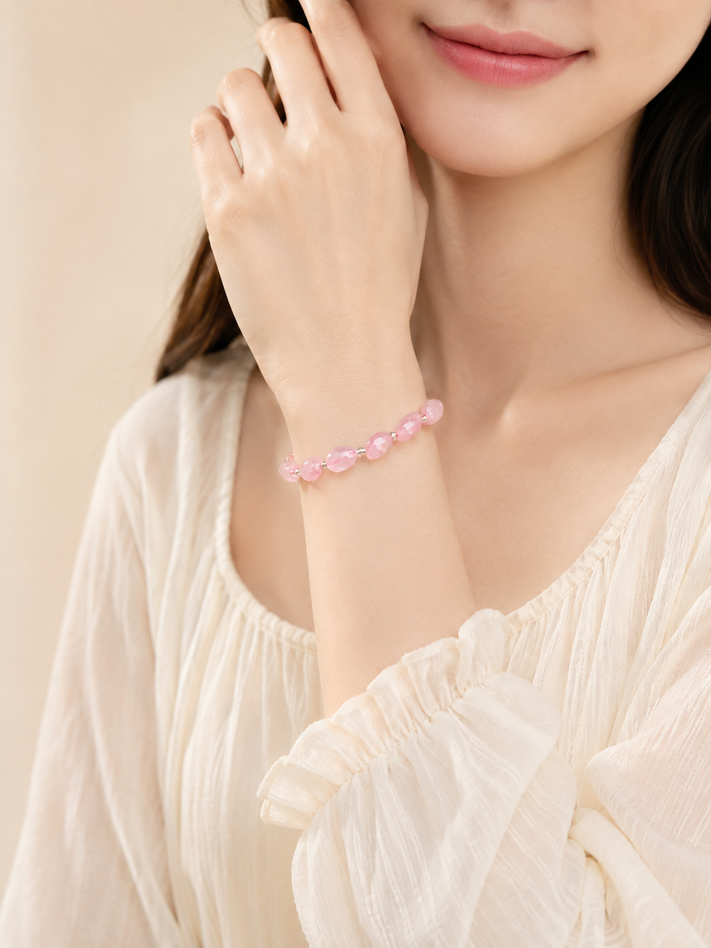 Natural Rose Quartz Beaded Bracelet – Silver Accents