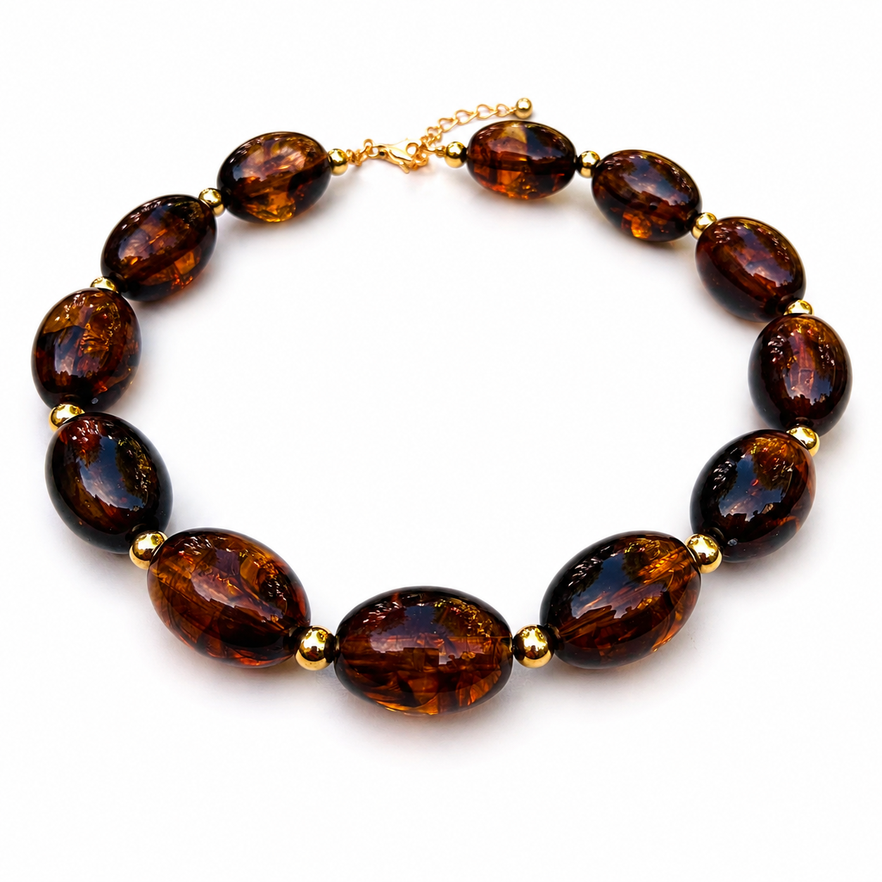 Vintage Style Brown Acrylic Bead Necklace with Gold Spacers