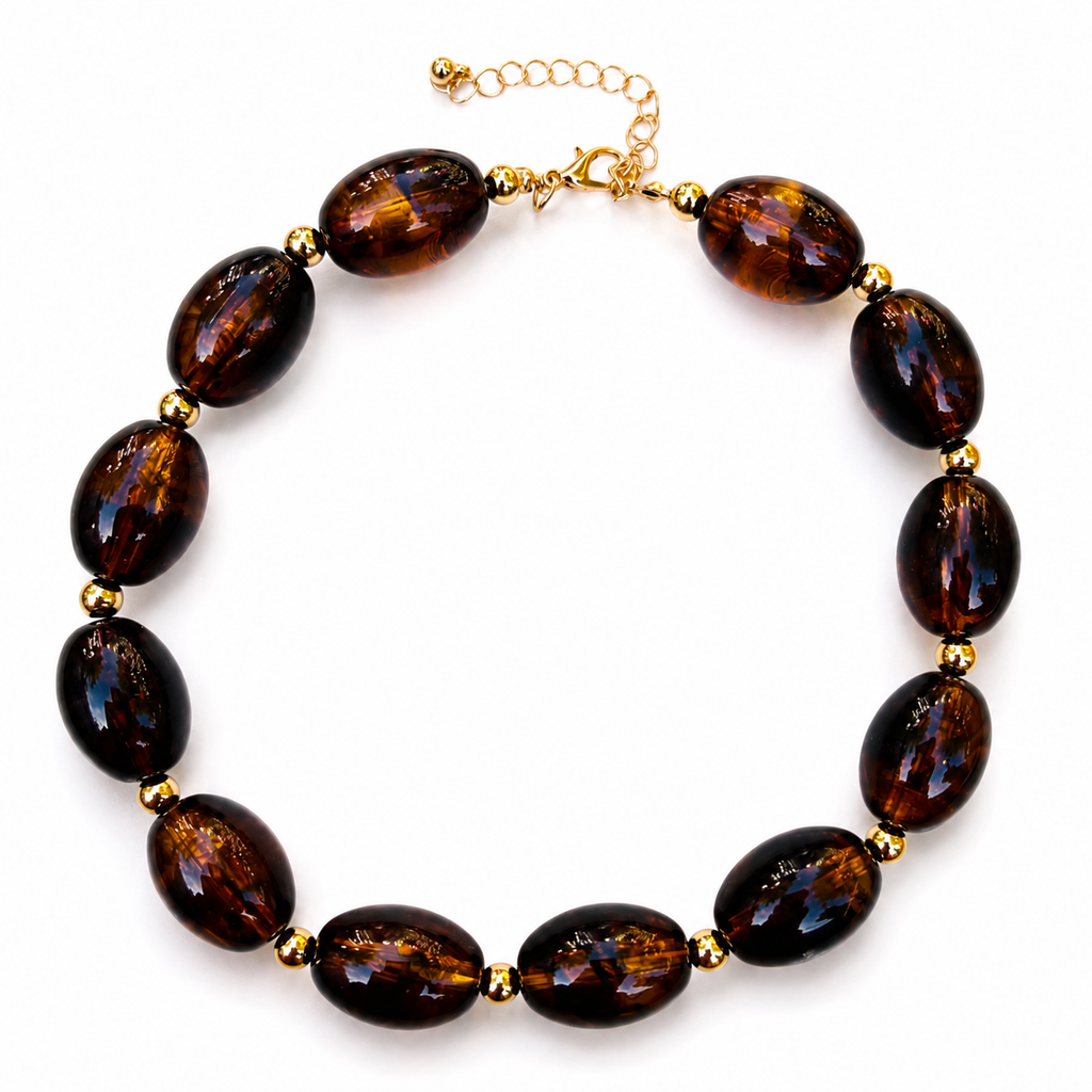 Vintage Style Brown Acrylic Bead Necklace with Gold Spacers