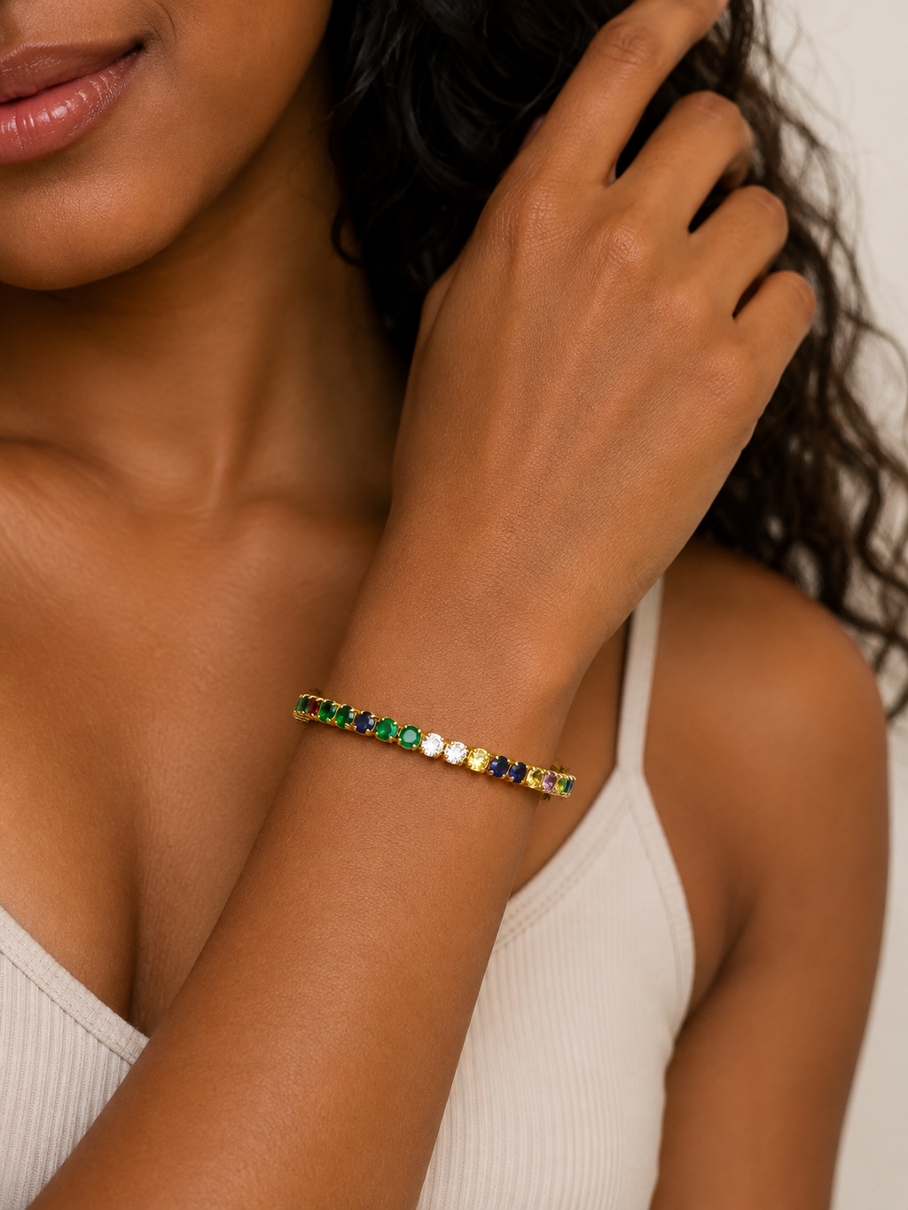 Gold Rainbow Crystal Tennis Bracelet – Multiple Sizes
