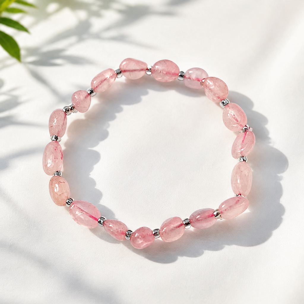 Natural Rose Quartz Beaded Bracelet – Silver Accents